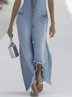 Western Retro Light Blue Denim Sleeveless Raw Edge Wide Leg Zipper Jumpsuit