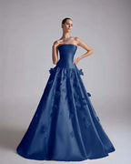 Satin Strapless Sleeveless Long A-Line Prom Dress With Flower Appliqués And Beadings YK0682
