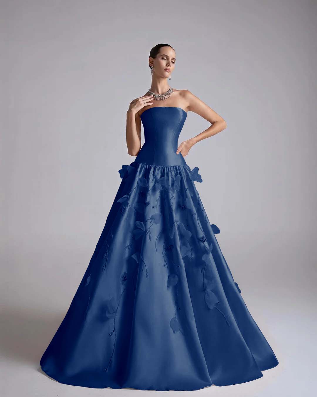 Satin Strapless Sleeveless Long A-Line Prom Dress With Flower Appliqués And Beadings YK0682