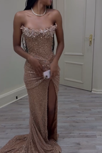 Strapless Sleeveless Long Mermaid Prom Dress With Sequins Split XJ0656