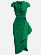 Green Cowl Neck Ruched Cap Sleeve Sheath Midi Dress