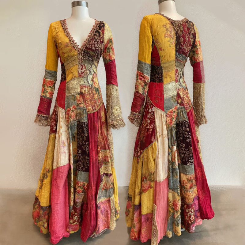 Women's Bohemian Hippie Floral Print Long-sleeved Maxi Dress