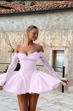 Cocoslly Strapless Long Sleeves Short Prom Dress With Appliques And Pleated | Daffodil Lace YQ0138