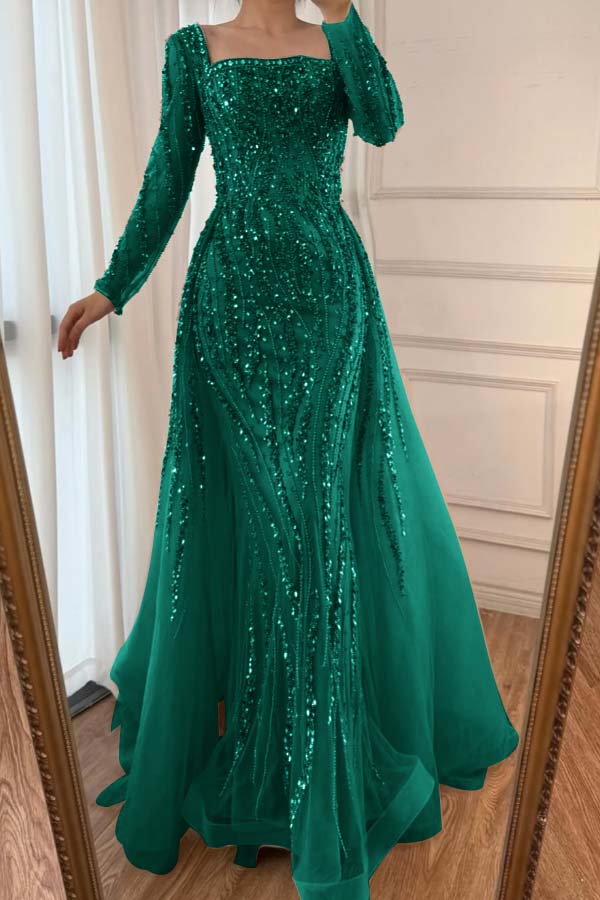 Square Neck Long Sleeves Long Mermaid Prom Dress With Beading Tulle WQ0442