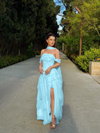 Cocoslly Off-The-Shoulder Sleeveless High Waist Long Split Prom Dress With Ruffles And Scarf | Daffodil Chiffon YK1279