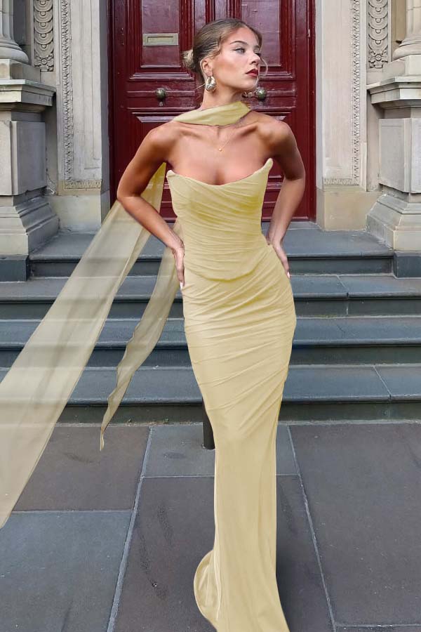 Chiffon Strapless Sleeveless Long Mermaid Prom Dress With Pleated YK0036