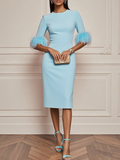 Light Blue Faux Feather Classic Crew Neck Half Sleeve Sheath Midi Dress