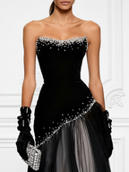 Black Hot Drilling Classic Tulle Strapless Sleeveless A-Line Gown Dress