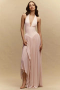 Cocoslly Halter V-Neck Sleeveless High Waist Long Prom Dress | Blushing Pink Chiffon YC0573