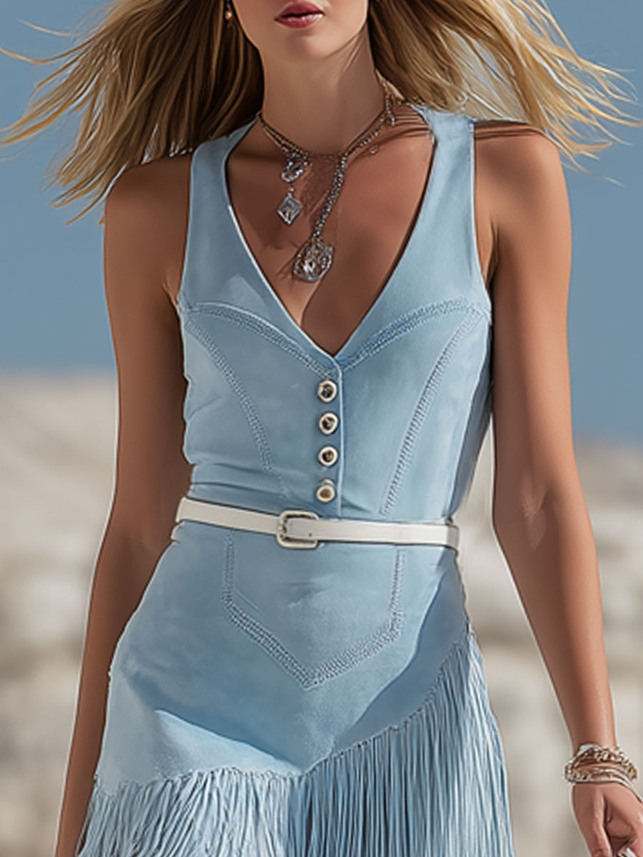 Western Bohemian Tassel Light Blue Faux Suede Sleeveless Mini Dress