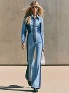 Casual Retro Color-blocked Denim Long-sleeved Zippered Flared Jumpsuit