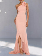 Pink 3D Floral Lace Classic One Shoulder Sleeveless Mermaid Gown Dress