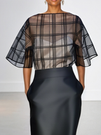 Black Organza Plaid Classic Boat Neck Half Sleeve Dolman Sleeve Sheath Midi Dress