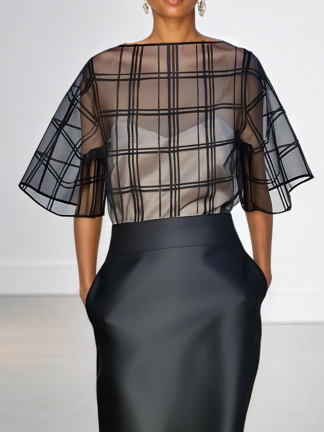 Black Organza Plaid Classic Boat Neck Half Sleeve Dolman Sleeve Sheath Midi Dress