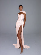 Cocoslly Strapless Sweetheart Sleeveless High Waist Long Split Prom Dress With Shawl | Silver Grey Sequins YK1275