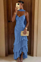 Cocoslly Spaghetti Straps Sleeveless High Waist Long Prom Dress With Ruffles And Sequins | Sage Chiffon LR0491