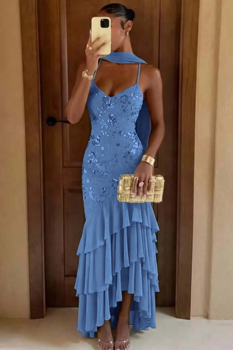 Cocoslly Spaghetti Straps Sleeveless High Waist Long Prom Dress With Ruffles And Sequins | Sage Chiffon LR0491