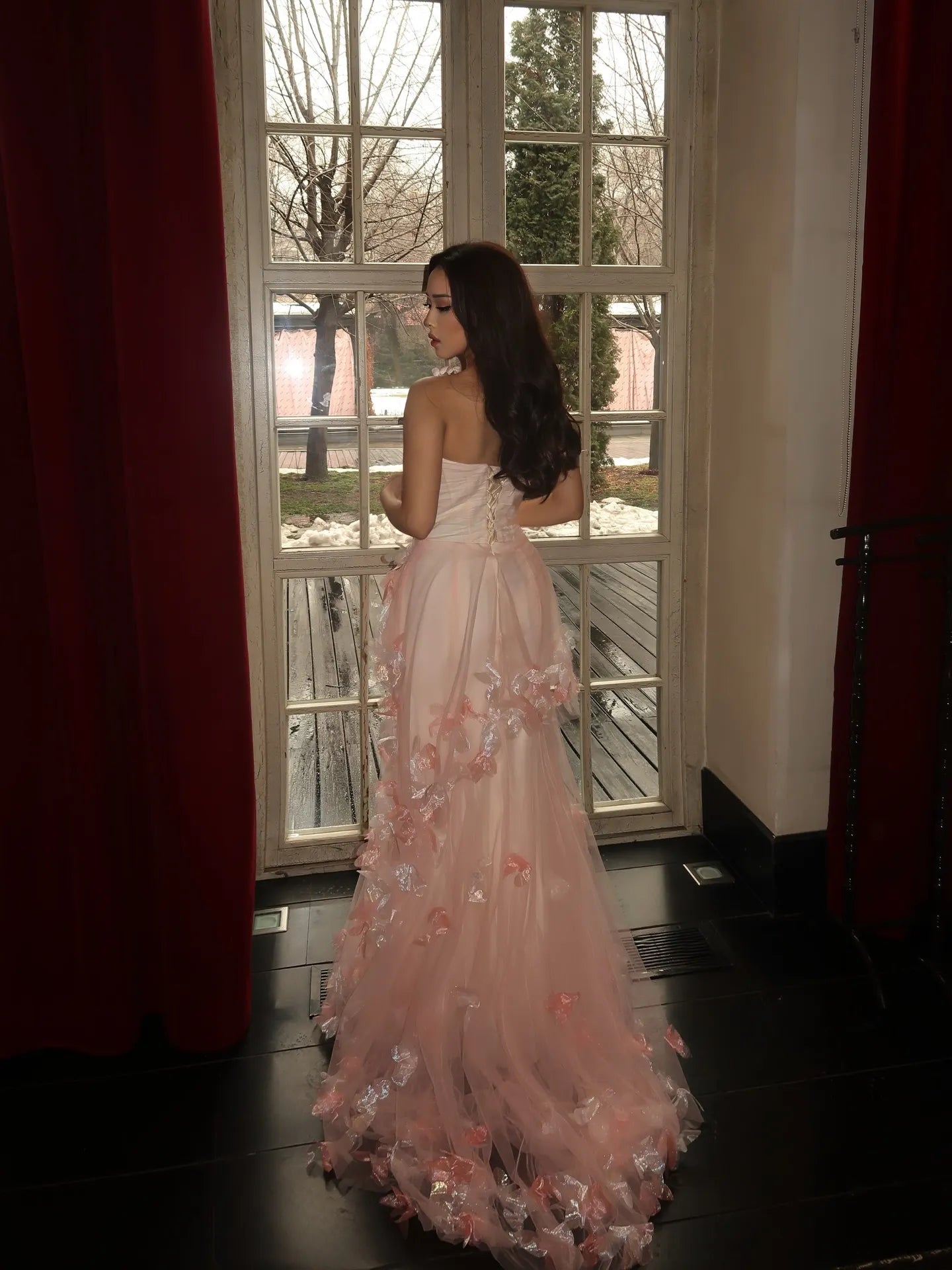 Cocoslly Strapless Sleeveless High Waist Long Prom Dress With Pleated And Appliques | Pink Tulle CO0140