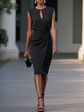Black Ruched Cut Out Classic Crew Neck Cap Sleeve Sheath Midi Dress