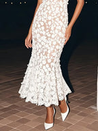 White Lace Crew Neck Sleeveless Mermaid Maxi Dress