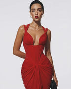 Cocoslly Spaghetti Straps Sleeveless High Waist Long Mermaid Prom Dress With Pleated | Red Satin LX0112