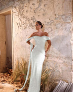 Off-The-Shoulder Strapless Sleeveless Long Pleated Mermaid Prom Dress With Sequins And Ruffle YK0709