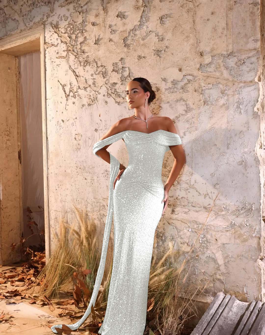 Off-The-Shoulder Strapless Sleeveless Long Pleated Mermaid Prom Dress With Sequins And Ruffle YK0709