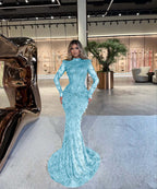 High Neck Long Sleeves Long Mermaid Prom Dress With Beading Pleated YK0512