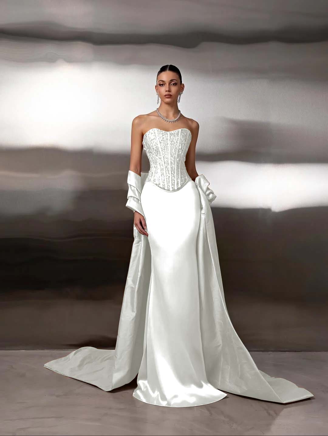 Satin Strapless Sleeveless Long Mermaid Prom Dress With Ruffles And Sequins YK0759