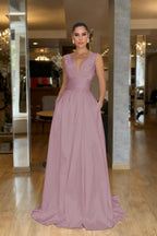 Straps Sleeveless High Waist Long Prom Dress With Pockets Pleated MS0387
