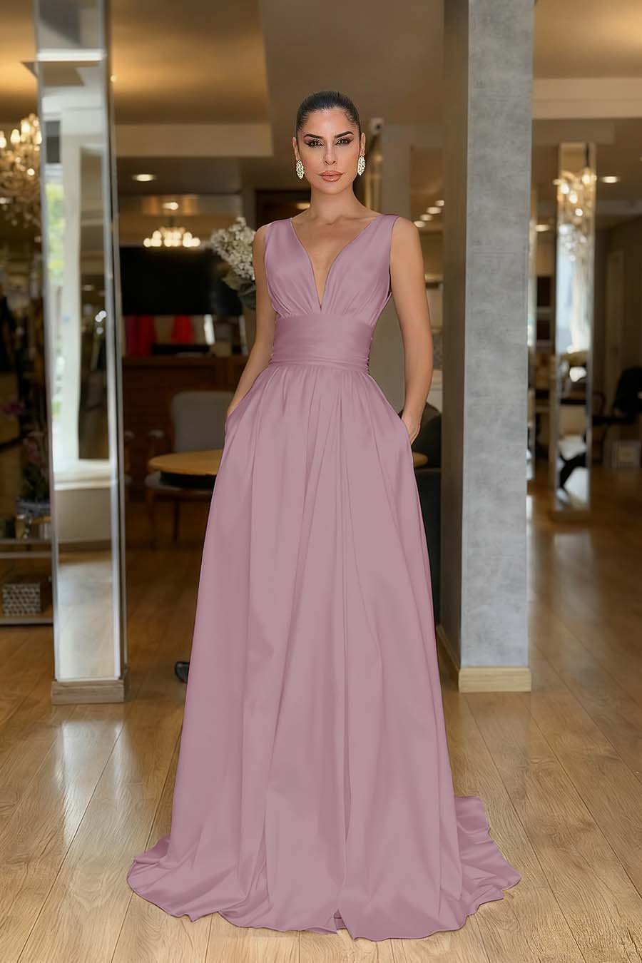 Straps Sleeveless High Waist Long Prom Dress With Pockets Pleated MS0387