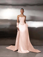 Satin Strapless Sleeveless Long Mermaid Prom Dress With Ruffles And Sequins YK0759