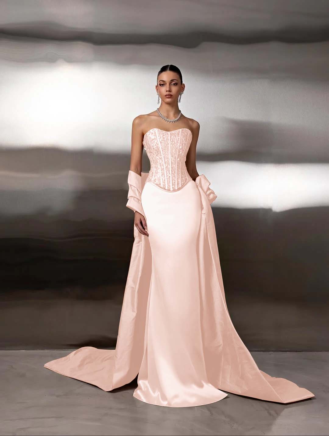 Satin Strapless Sleeveless Long Mermaid Prom Dress With Ruffles And Sequins YK0759