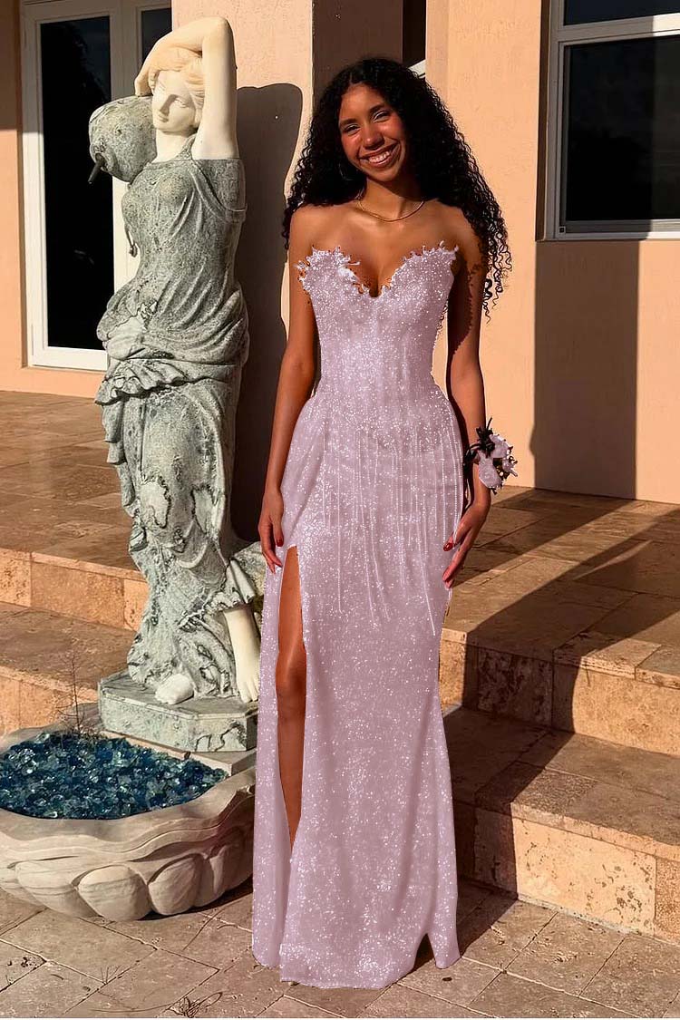 Red Strapless Sleeveless Long Mermaid Prom Dress With Sequins Split XJ0657