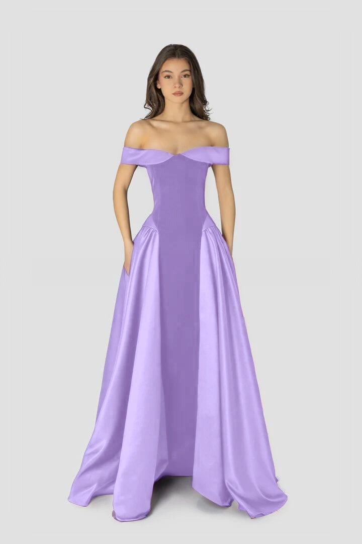 Cocoslly Off-The-Shoulder Sleeveless High Waist Long A Line Prom Dress | Regency Satin LR0426