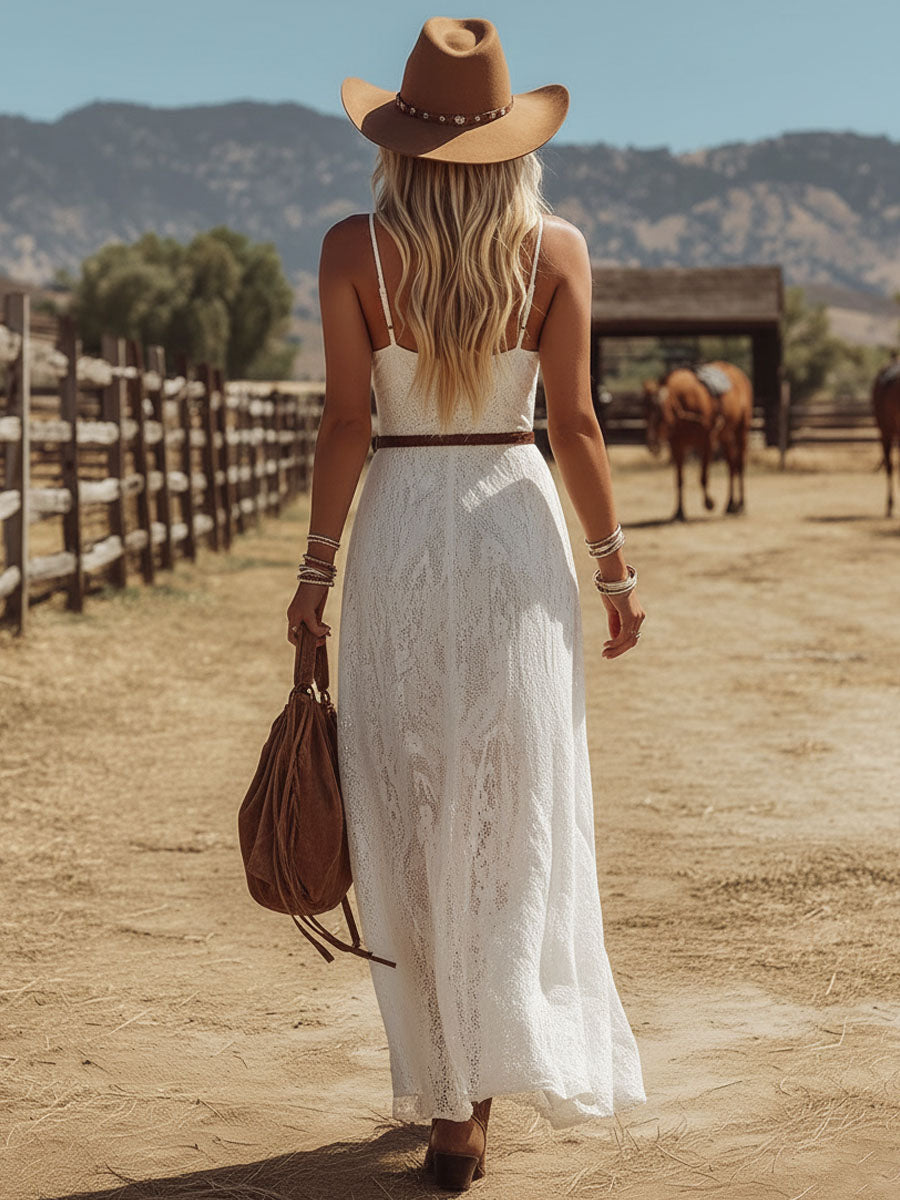 V-neck Lace Sleeveless Maxi Dress