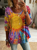 Women's Retro Hippie Art Print Flowy Linen Blend Casual T-shirt