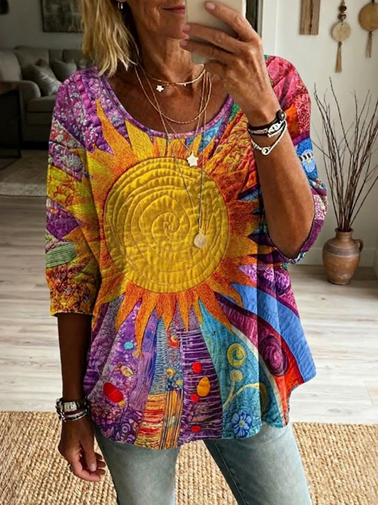 Women's Retro Hippie Art Print Flowy Linen Blend Casual T-shirt