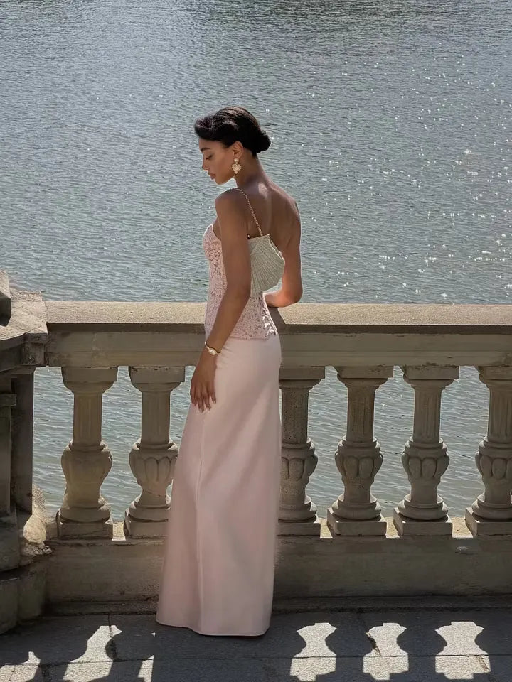 Cocoslly Strapless Sleeveless High Waist Long Prom Dress With Appliques | Pink Satin LX0113