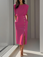 Off White Button Side-Slit Classic Crew Neck Sleeveless Sheath Midi Dress With Pockets