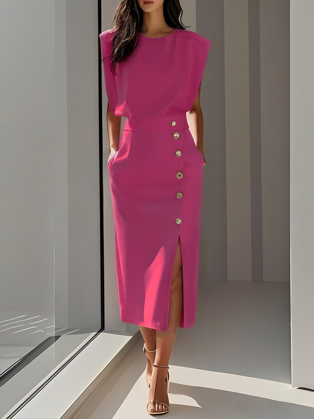 Off White Button Side-Slit Classic Crew Neck Sleeveless Sheath Midi Dress With Pockets