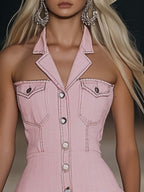 銆�24-hour shipping out銆慒ashion Off-The-Shoulder Lapel Front Button Pink Denim Mini Dress