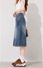 Rhinestone-embellished washed blue high-waisted loose-fitting cropped jeans