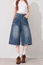 Rhinestone-embellished washed blue high-waisted loose-fitting cropped jeans