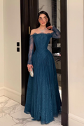 Cocoslly Strapless Long Sleeves High Waist Long Prom Dress With Pleated | Ink Blue Lace YC0488
