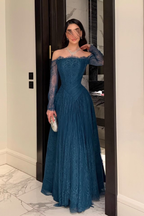 Cocoslly Strapless Long Sleeves High Waist Long Prom Dress With Pleated | Ink Blue Lace YC0488