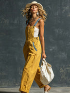 Western Retro Blue And Yellow Denim Vest-style Zip-up Jumpsuit