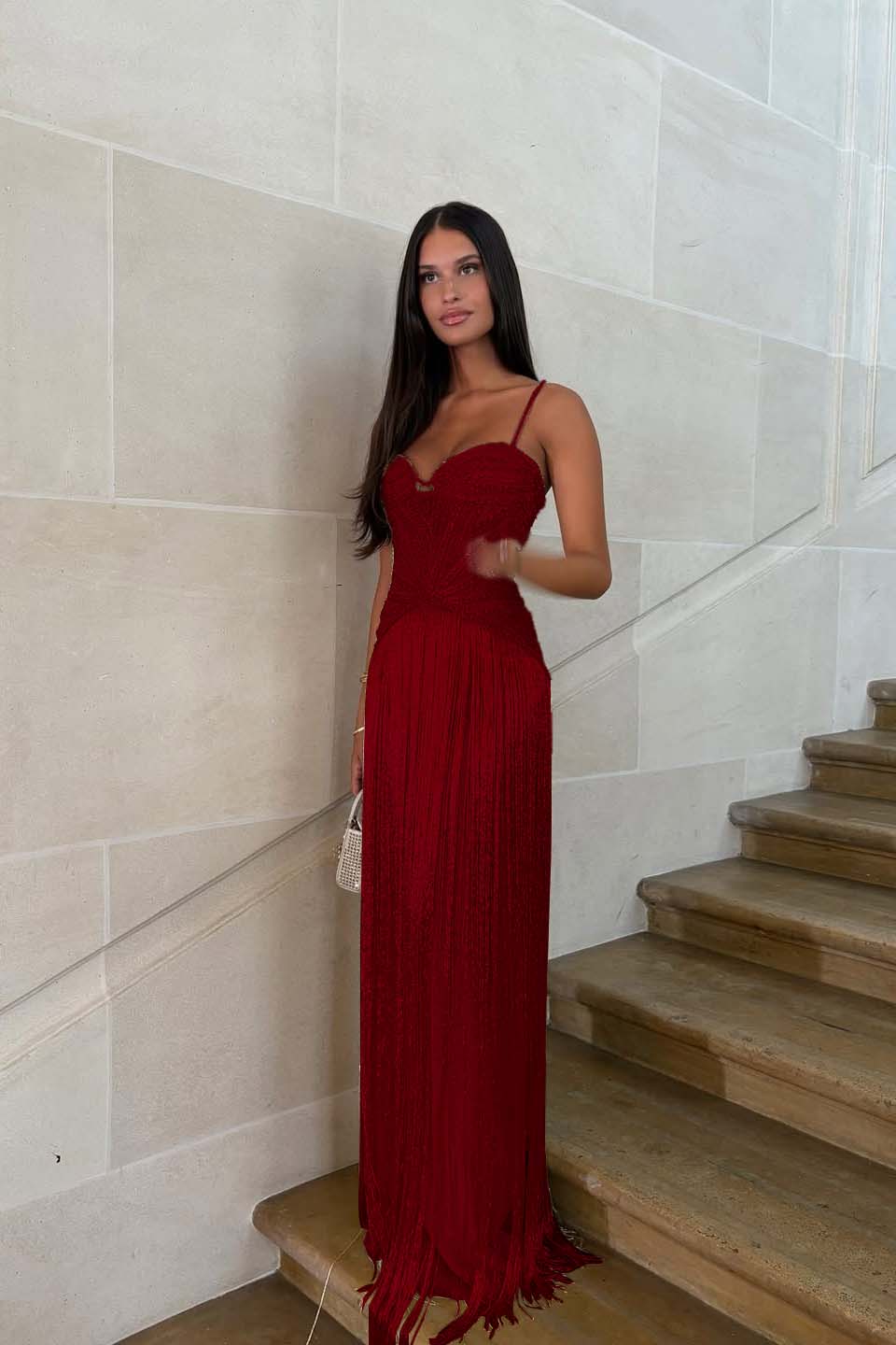 Cocoslly Spaghetti Straps Sleeveless Long Prom Dress With Beadings Tassel | Gold Beaded-Embroidered ZA0298