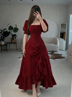 Cocoslly Square Neck Short Sleeves High Waist Long A Line Prom Dress With Ruffles | Burgundy Satin CO0205