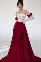 Cocoslly Strapless Sleeveless High Waist Long Mermaid Prom Dress With Long Sleeves And Lace | Blushing Pink Satin